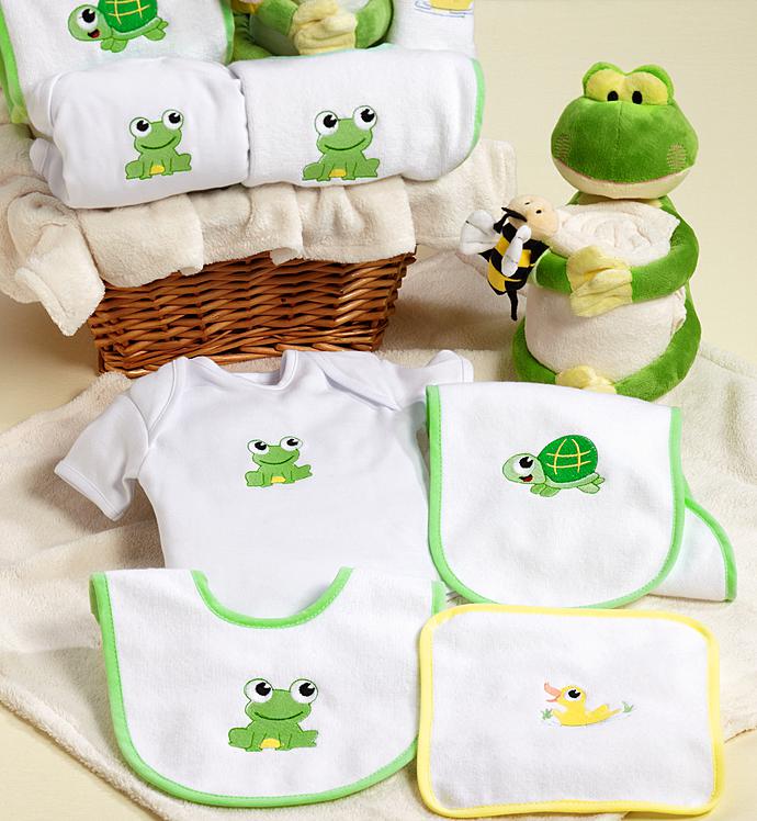Froggie & Friends New Baby Boy or Girl Gift Basket