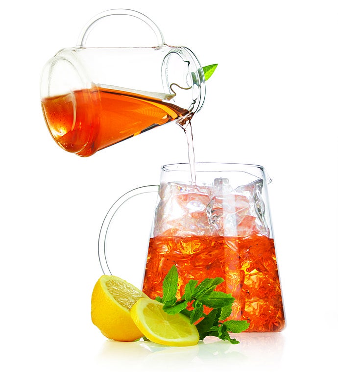 Tea Forte Tea Over Ice Steeping Pitcher + Tea Infuser Blends, Ceylon Gold  Pitcher Sized Ice Tea Infusers (5pk) + Glass Serving & Brewing Pitcher Set